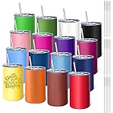 YOUKE OLA 16 Pack Stainless Steel Skinny Tumblers 12oz - Bulk Straight Double Wall Vacuum Insulated Tumbler with Lid and Straw for Travel, DIY, 16 Colors