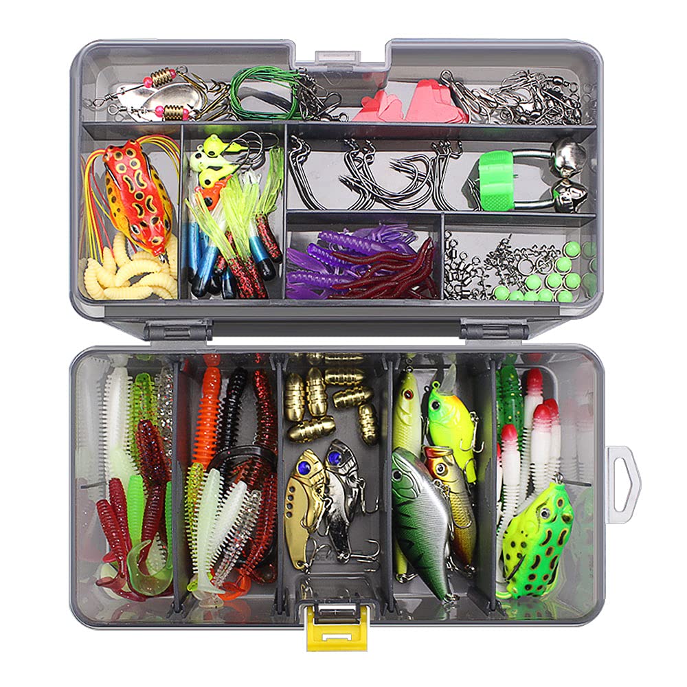 ZOKBOM Fishing Kit, 168 PCS Mixed Soft Lures Baits Tackle Set for Freshwater Saltwater, Includes Plastic Worms, Jigs, Hooks, Frog Lures With Tackle Box