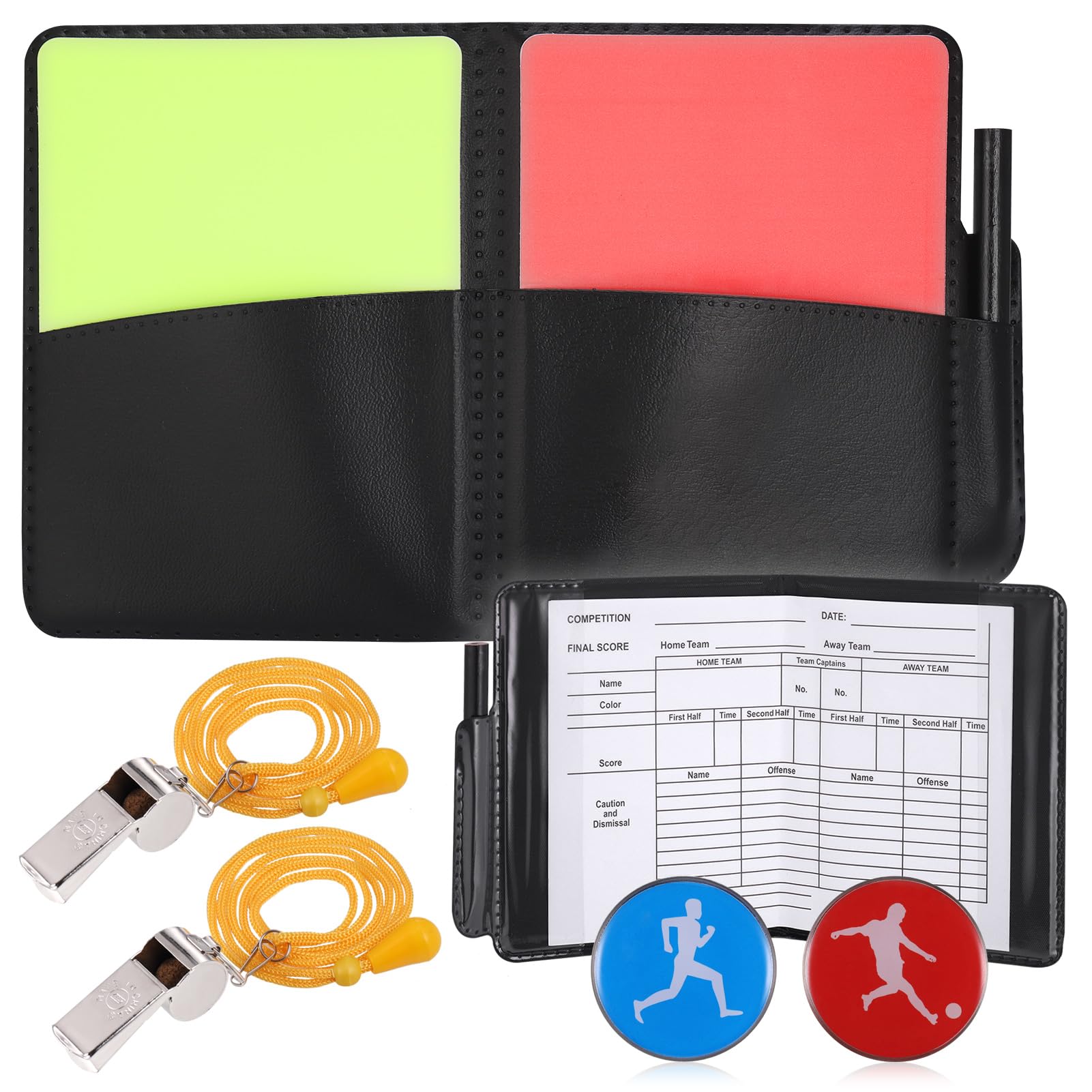 JIZZU 2 Sets Sports Referee Kit, Red and Yellow Football Referee Cards with 2PCS Coach Metal Whistle, Referee Card Set with 2 Score Book & Pencil, Football Referee Kit for Sports, Soccer Game