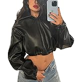 Mandonce Leather Jacket Women Zip up Hoodies Motorcycle Bomber Jacket Streetwear Cropped Trench Coat for Women