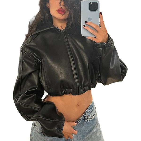 Perbai Women's Faux Leather Crop Jacket Zip Up Long Sleeve