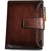 Men's Vintage RFID Blocking Bifold Wallet Genuine Leather with Zipper Coin Pocket Multi-Card Slots & ID Window (Coffee)