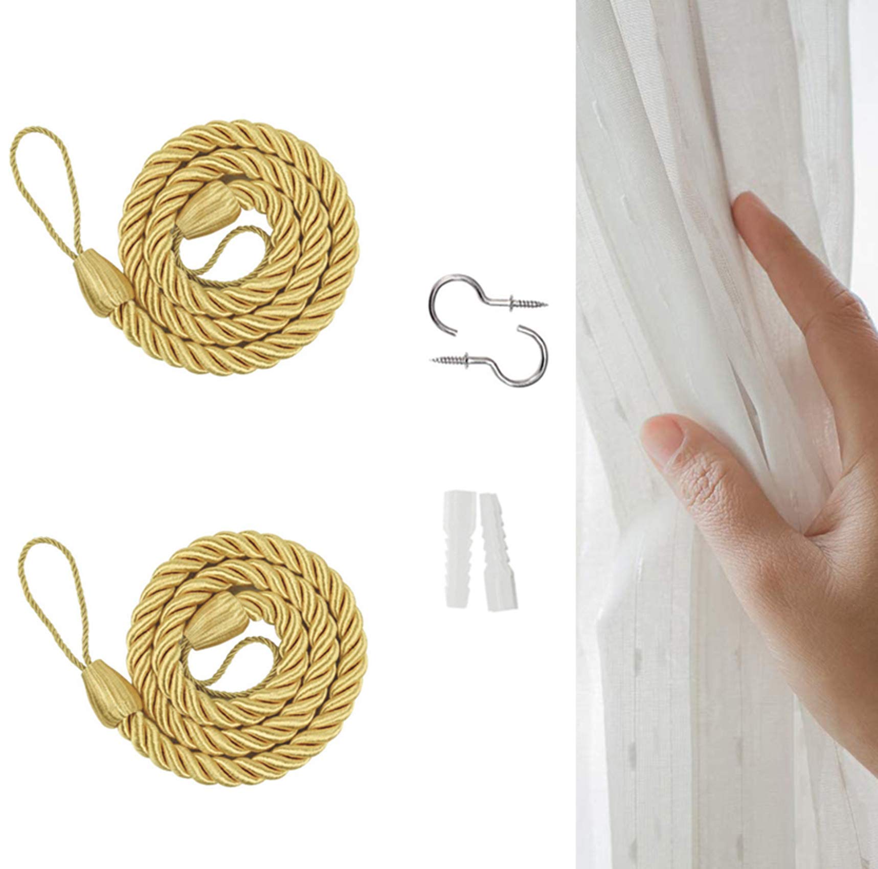 NANAOUS 1 Pair Curtain Ties backs, Curtain Tiebacks Ropes, Drapery Holdbacks Artistic Room Décor Handmade Natural Knitting Cotton Rope Drape Tie Backs for Sheer and Blackout Cotton Rope(Gold)