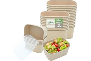 Kaderron 50 Pack 32 OZ Large Paper Bowls with Lids, Heavy Duty Disposable Compostable Container for Party, Disposable Bowls Bulk Soak-Proof and Microwave Safe for Hot/Cold Use