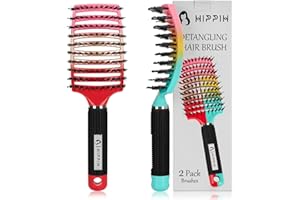 Boar Bristle Hair Brush 2 Pack, HIPPIH Wet & Dry No Pull Curved Vented Hair Brush, Styling Voremy Magical Brush Detangler for Kids & Men, Hairbrush for Women Can Adds Shine & Smooth Curly Thick Hair