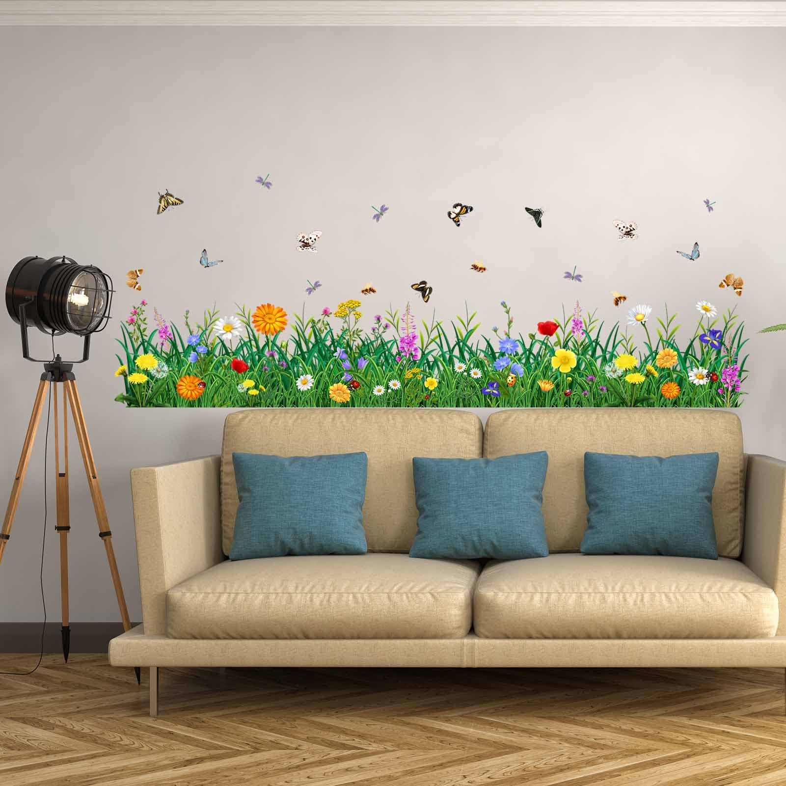 PinkEleph® Green Grass Wall Corner Stickers - Flowers Butterflies Baseboard Skirting Line Wall Decals - Bedroom Living Room TV Sofa Background Family Wall Decor (W:67 inches)