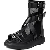Bapolee Black Leather Mesh Open Toe Flat Platform Sandals With Buckle Strap Casual Travel Back Zipper Mesh Cool Ankle Boots