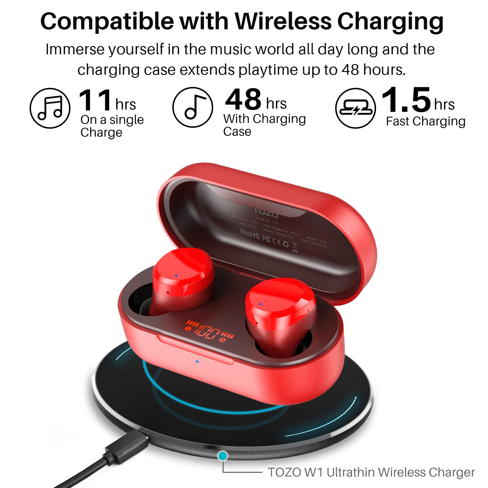 TOZO T12 Wireless Earbuds Bluetooth 5.3 Headphones Premium Sound Performance Touch Control LED Digital Display Wireless Charging Case Earphones Red