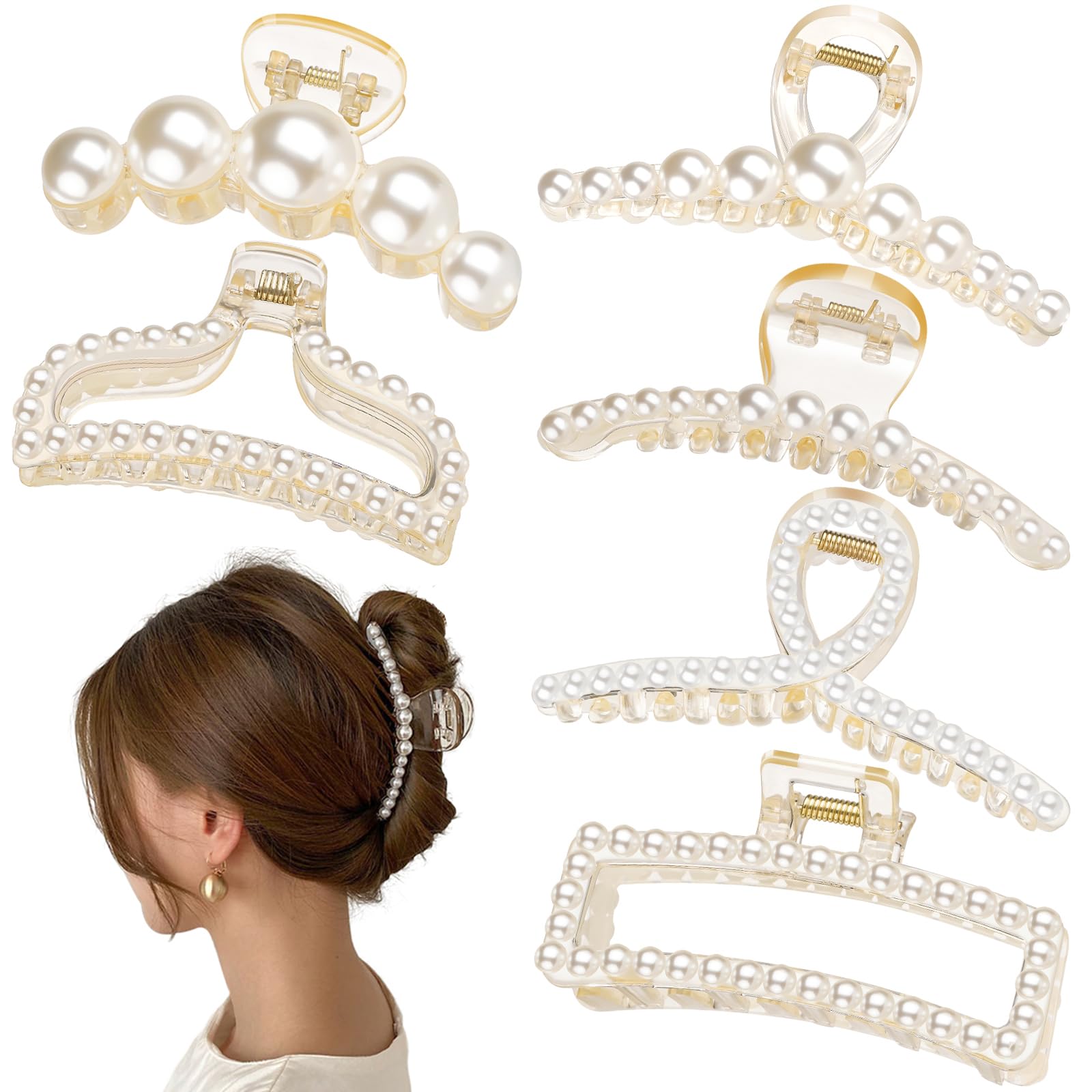 Photo 1 of Leezmark Pearl Hair Claw Clips, Large Barrettes for Thin, Thick, Curly or Long Hair, White Jaw Clips Hair Accessories for Women and Girls