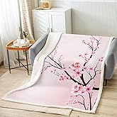Girls Cherry Blossoms Fleece Blanket Women Floral Sakura Flowers Branch Sherpa Throw Blanket for Bed Sofa Couch Decor Pale Pink Floral Plush Blanket Soft Japanese Spring Fuzzy BlanketThrow 50"x60"