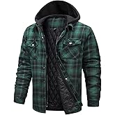 CHEXPEL Flannel Jackets for Men Long Sleeve Plaid Shirt Jacket Quilt Lined Hooded with Button Down Winter Coat