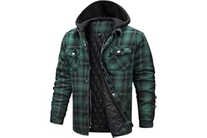 CHEXPEL Flannel Jackets for Men Long Sleeve Plaid Shirt Jacket Quilt Lined Hooded with Button Down Winter Coat