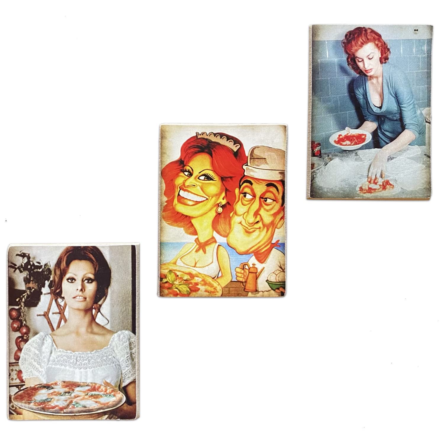 Kustom Art Set of 3 Magnets (Magnet) Series Famous Actors Sophia Loren "Pizza" Vintage Style for Refrigerator/Garage/Bar Print on Wood 10 x 6 cm.
