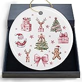 DIENADFX Preppy Girly Santa Christmas Ceramic Ornaments, Pink Present Gingerbread Bow Christmas Tree Decorations Ornaments for Kids, Preppy Girly Gifts for Kids Girls, Coquette Christmas Hanging Decor