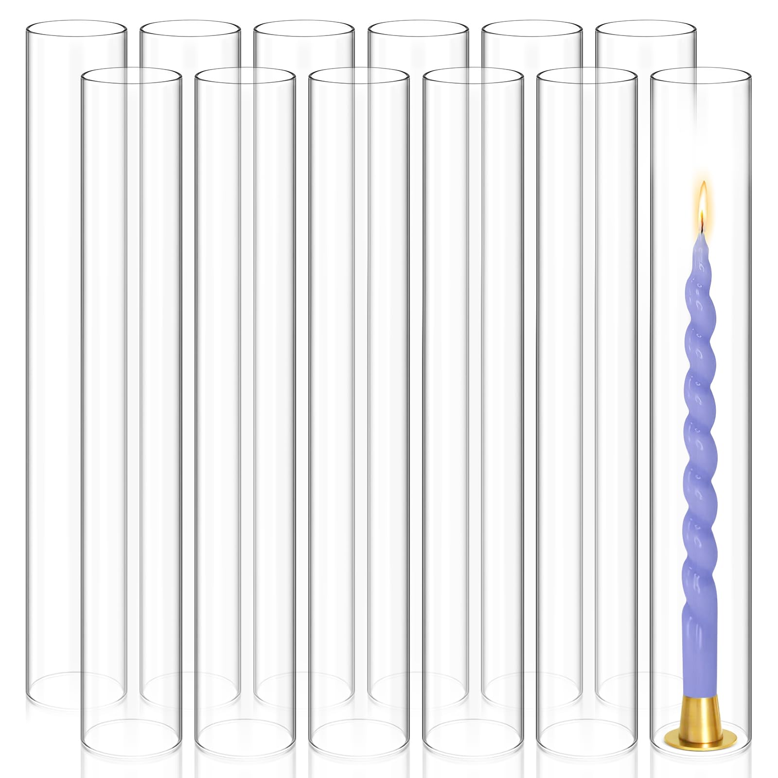 Photo 1 of Showgeous 12 PCS Hurricane Candle Holder, D:2" H:16" Open Ended Glass Candle Cylinder Sleeve, Clear Glass Cylinder Candle Holder, Open Flame Candle Chimney Tube Cover, Bottomless Cylindrical Glass