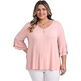 VIBOHCILLE Plus Size Tops for Women V Neck Double Layered Ruffle 3/4 Sleeve Pleated Front Casual Blouses Cute Tops