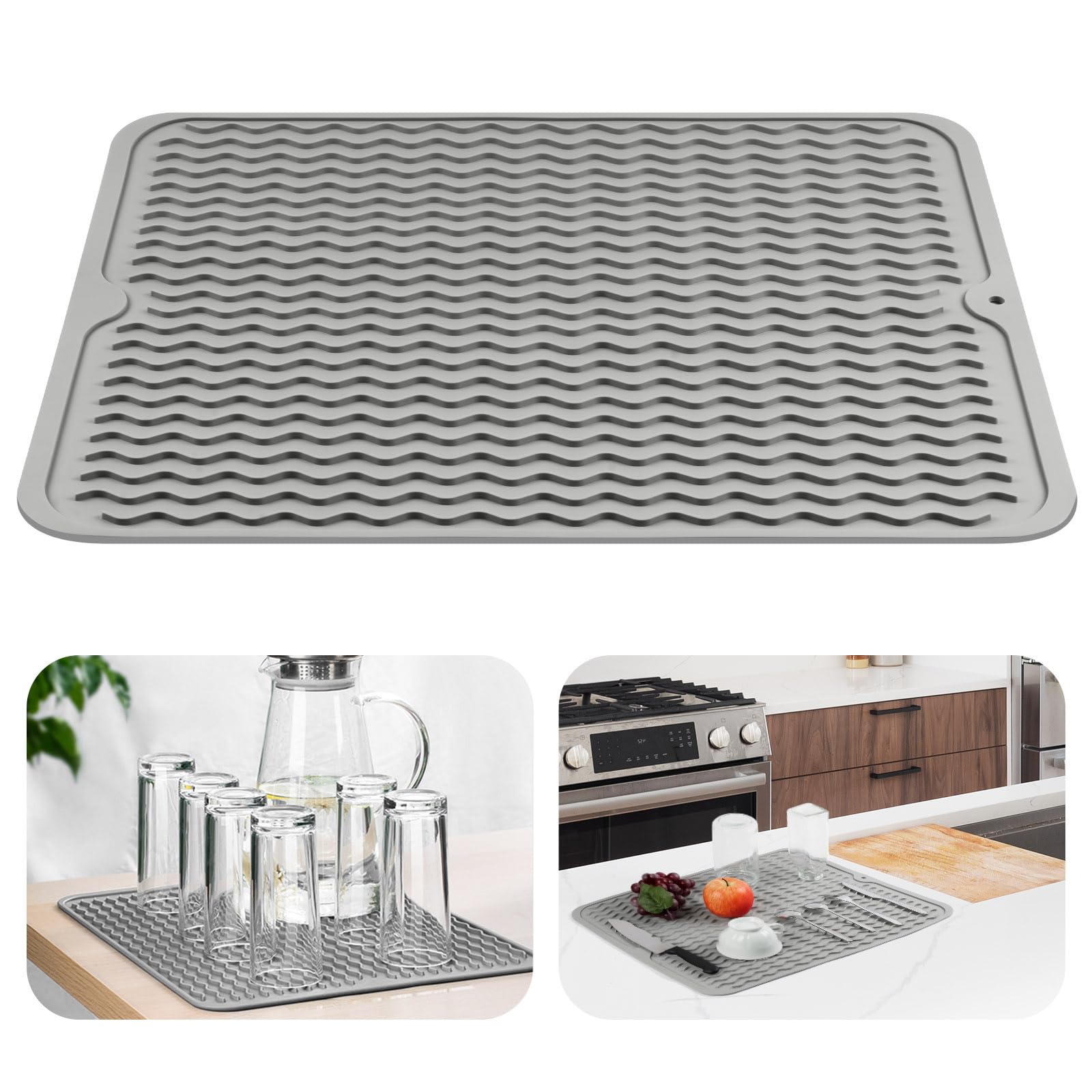 OSDUE Silicone Dish Drying Mats, 50x40CM Draining Board Mat Non Slip Heat Resistant Dish Draining Mat for Kitchen Easy Clean Draining Board Mat Table Mat Pot Holder Placemat Spoon Rest Coaster Grey