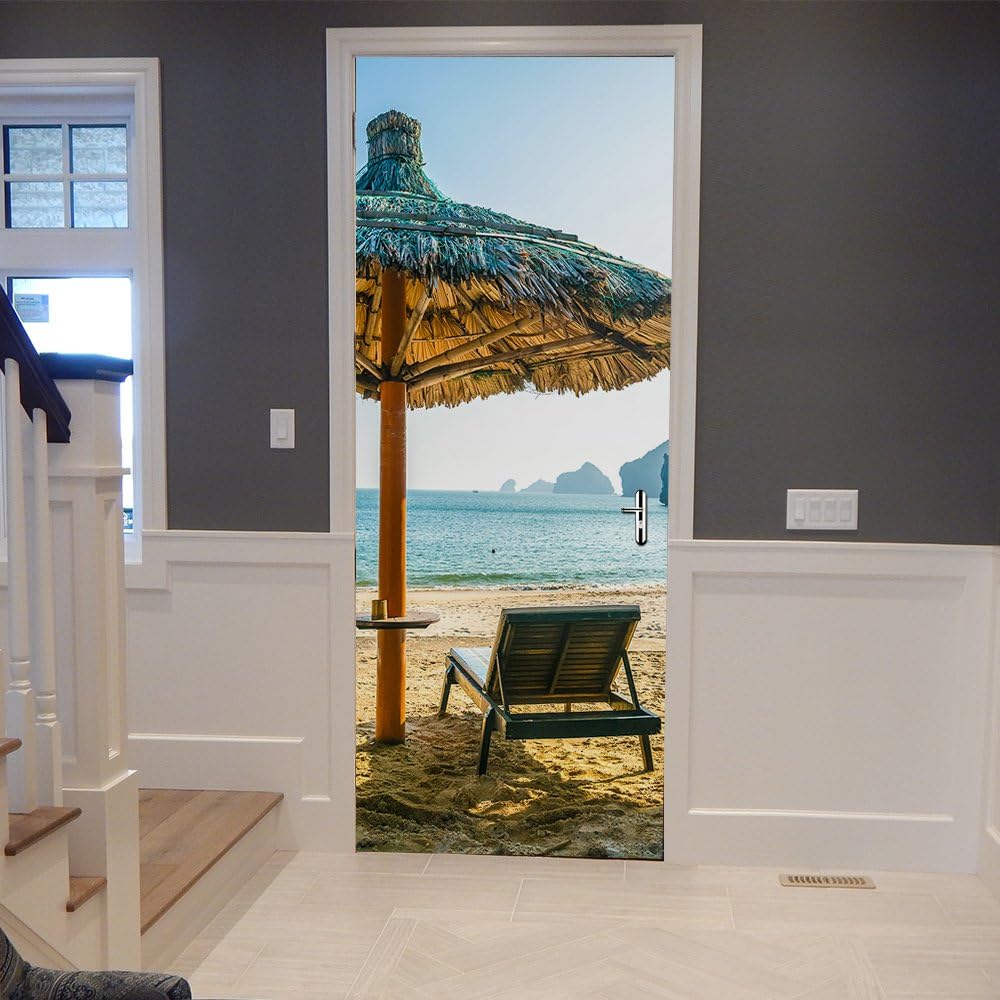 Fymural Door Mural Wallpaper Stickers Beach Umbrella Self-Adhesive Vinyl 3D Peel and Stick Removable Art Door Decals 30.3x78.7",Multicolor