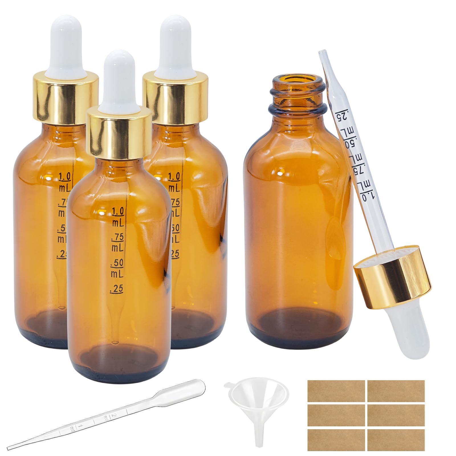 4 PACK 2 oz Amber Glass Dropper Bottle with Measured Dropper, 60 ml Leak-proof Tincture Bottles with Dropper, Droppers for Oils with 1 Funnel & 6 Labels & 1 Long Pipette