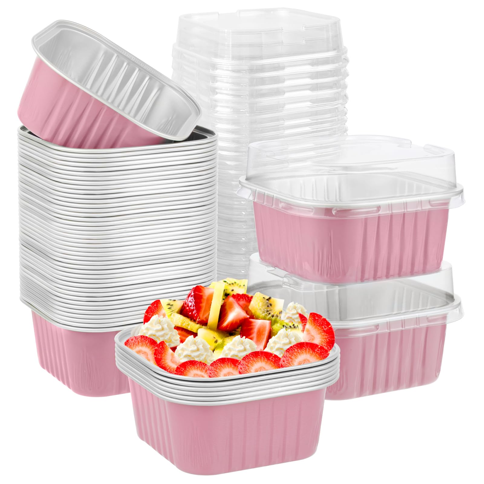Photo 1 of **PARTIAL SET**50 Pcs Aluminum Foil Mini Square Baking Cups with Lids,5oz Disposable Ramekins Cake Pans,Cupcake Baking Cups Containers for Bread Muffin Brownie Cheesecake,Pink