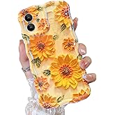 OOK Oil Painting Phone Case for iPhone 11 Laser Glossy Cute Oil Painting Flower Pattern Curly Waves Bumper Design Soft Protective Cover for Girls Women Yellow Sunflower