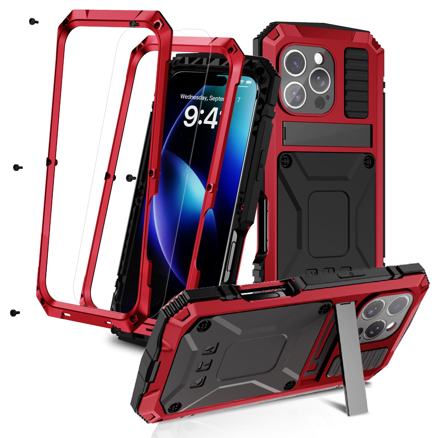 MIYIYQP Compatible for iPhone 16 Pro Max 5G Case with Stand Kickstand & Built-in Camera & Screen Protector, Aluminum Metal Gorilla Glass Shockproof Heavy Duty Sturdy Protector Cover Hard Case (Red)