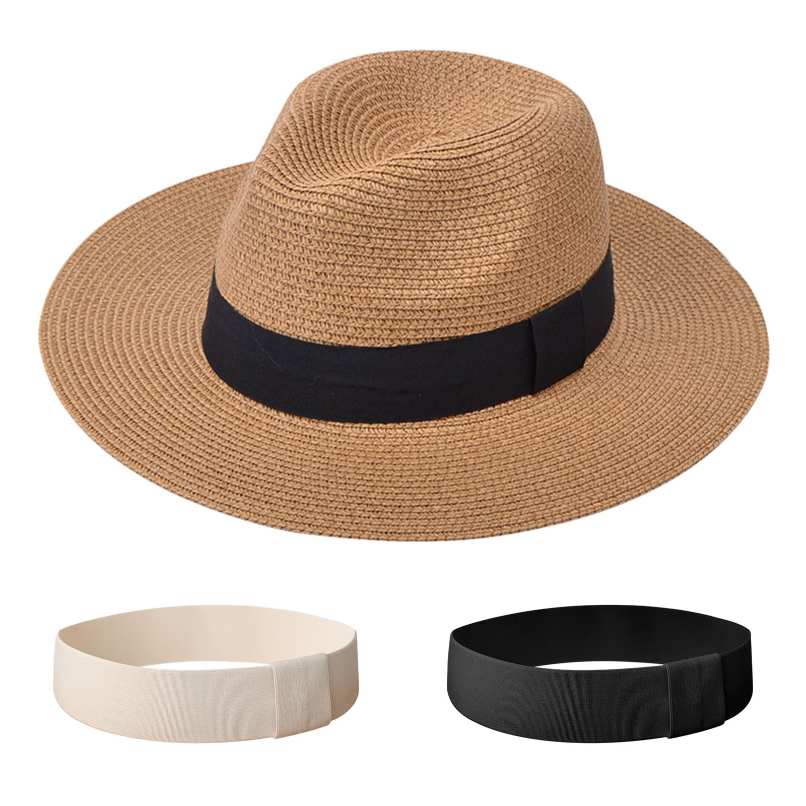 Photo 1 of DRESHOW Panama Hat Sun Hats for Women Travel Fedora Beach Sun Hat Summer Wide Brim Straw Roll up Hat UPF 50+