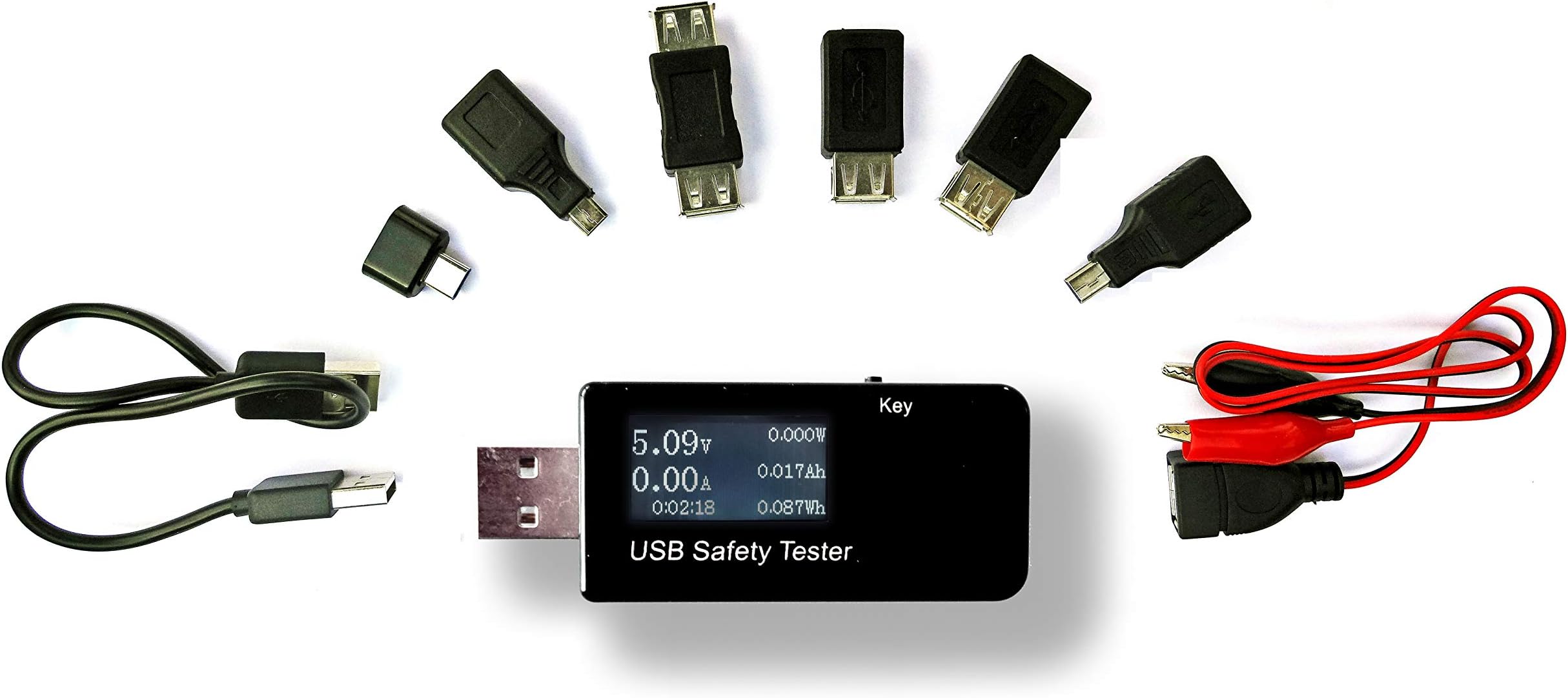 USB Multimeter & Safety Tester - Powerbank/Battery Capacity & Charging Tester (Voltage/Power/Current/Amperage/Wattage/Ah/mAh/Wh) - Incl. micro-USB/mini-USB/USB-C/DC/male/female conversion accessories