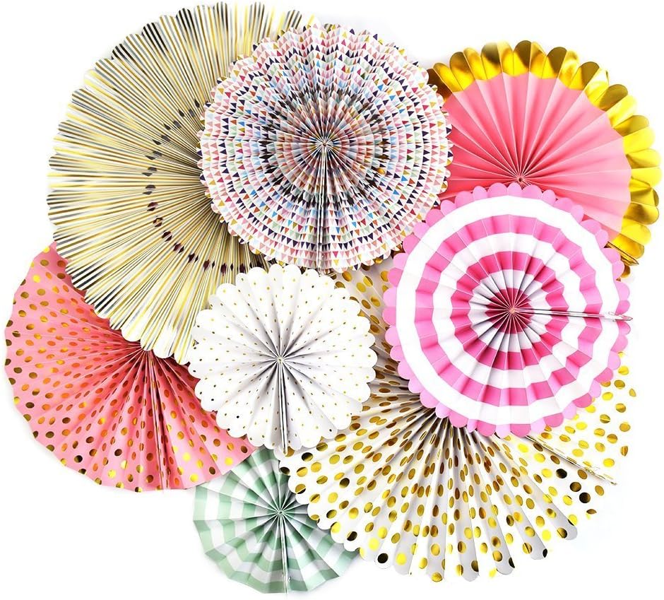 Monkey Home Trend Style Party Fans,8 Count, Pink, Aqua, White, and Gold