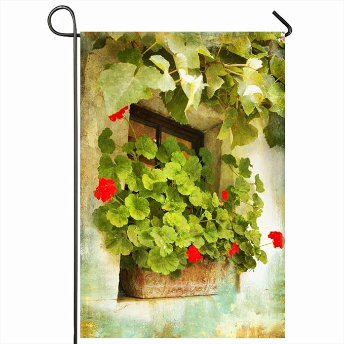 PQU Awesome Home Flag, Verde París Ventana Vieja Geranio Flores