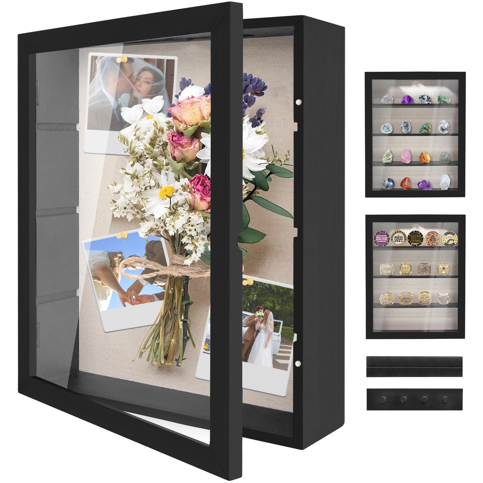 Photo 1 of YEPOTUE Shadow Box Display Case 11x14, Deep Shadow Box Picture Frame with Linen Back and Removable Shelves, Wooden Memory Box for Wedding Bouquet, Photos, Medals, Keepsakes (Black)