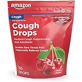 Amazon Basic Care Cherry Menthol Cough Drops for Sore Throat Relief, Soothing Lozenges in Resealable Bag, 160 Count (Previously SoundHealth)