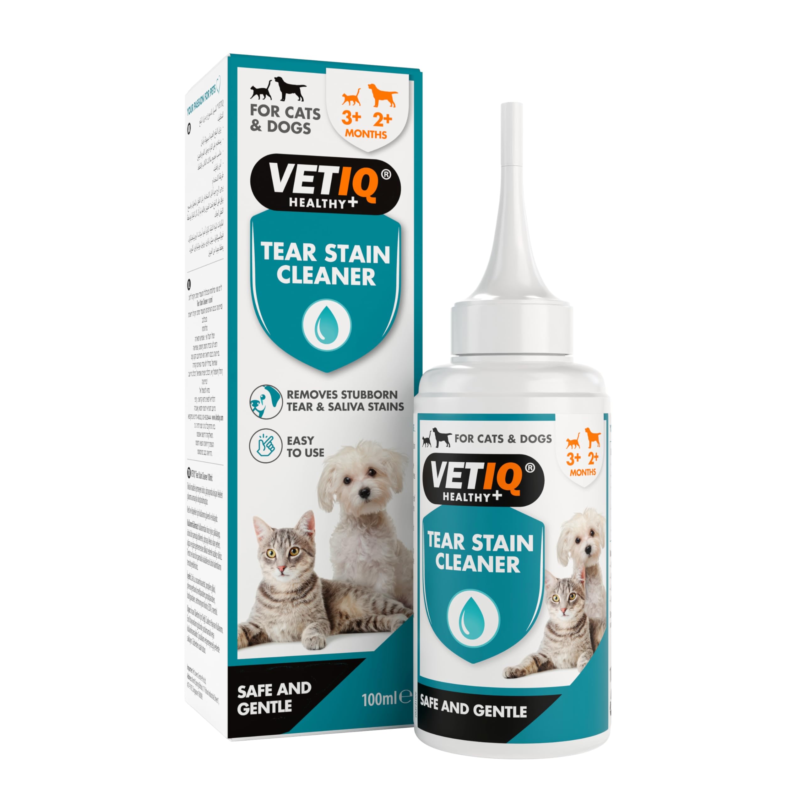 VETIQ Tear Stain Remover For Cats 3+ Months & Dogs 2+ Months, Safe & Gentle Solution to Remove Stubborn Tears & Saliva Stains Around Eyes & Mouth, 100 ml (Pack of 1)