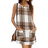 Hooever Plaid Overall Dress for Women Round Neck A Line Skirtall Jumper Mini Dress Pinafore with Pockets