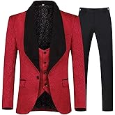 YFFUSHI Men's 3 Piece Suit Slim Fit Jacquard Tuxedo 1 Button Shawl Collar Blazer Vest & Pants for Wedding Formal Prom