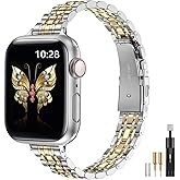 MioHHR Slim Metal Band Compatible with Apple Watch Band 42mm(Series 11 10) 41mm(Series 9 8 7) 40mm(Series 6 5 4 SE3/2/1) 38mm(Series 3 2 1),Stainless Steel iWatch Bands for Women,Silver/Gold