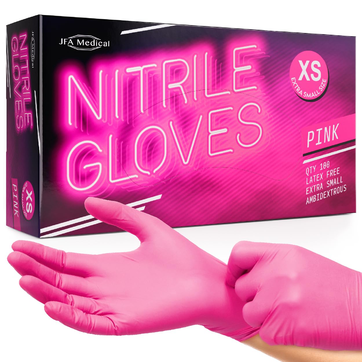 JFA Medical Disposable Powder Free Pink Nitrile Gloves - Box of 100 (Extra Small)