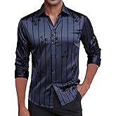 Damipow Men's Silk Satin Dress Shirts Long Sleeve Casual Button Down Shirt Party Prom Wedding Shirt