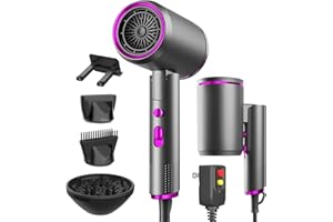 Portable Ionic Hair Dryer, Foldable Handle Hair Dryer,1600W Blow Dryer with Diffuser/Concentrator/Comb Nozzle,Intelligent Tem
