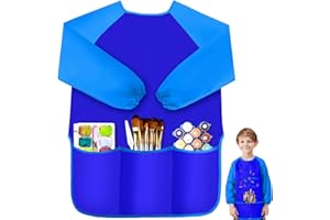 IKAYAS Kids Art Smock, Blue Paint Smocks for Kids3-5 Waterproof Long Sleeve, Artist Toddler Smock for Home Kindergarten Primary School Painting Supplies 3 Pockets