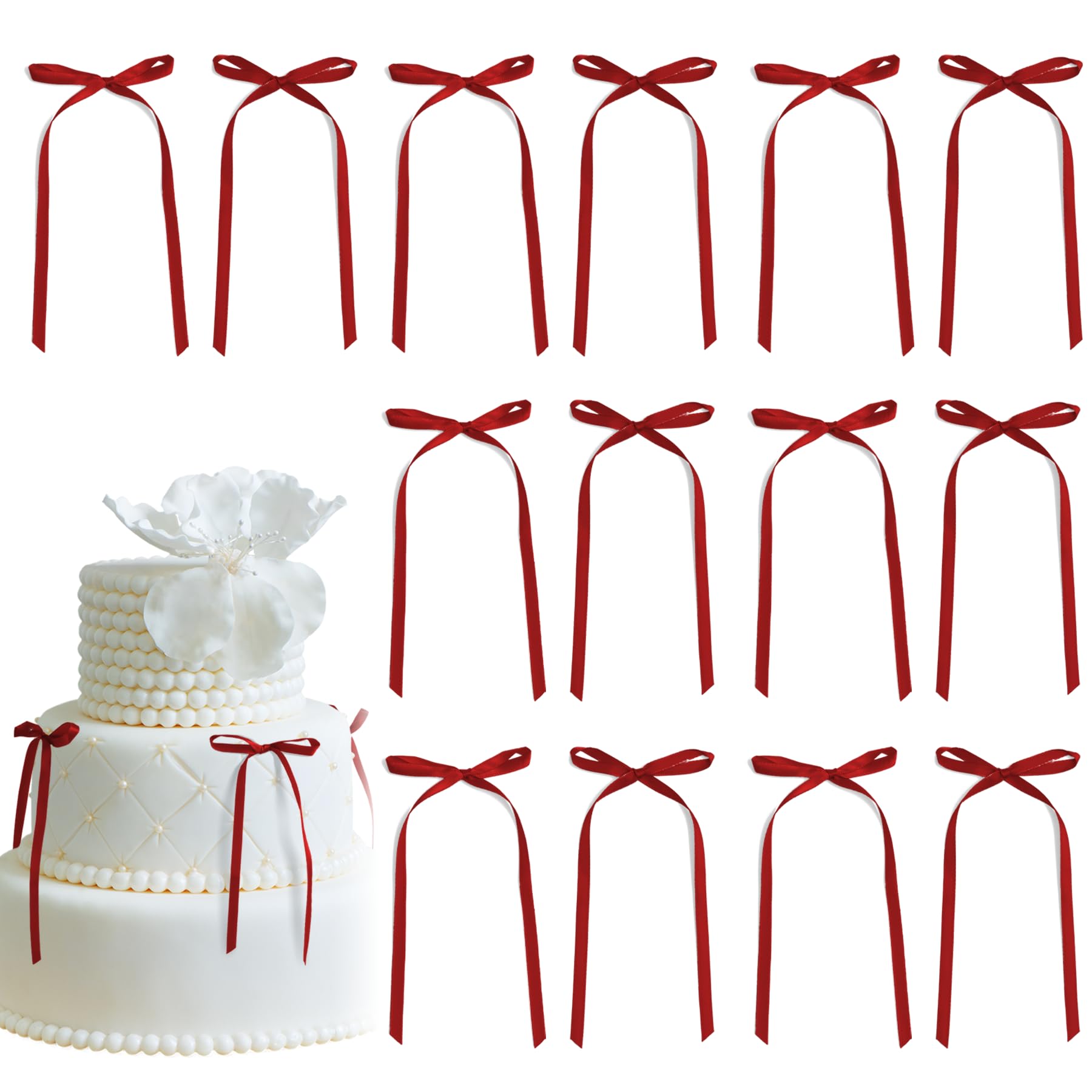 Photo 1 of 30 Pack Burgundy Red Ribbon Bow Cake Toppers Birthday Decorations Coquette Bow Cupcake Toppers for Cake Dessert Wedding Bridal Balloon Wall Party Supplies