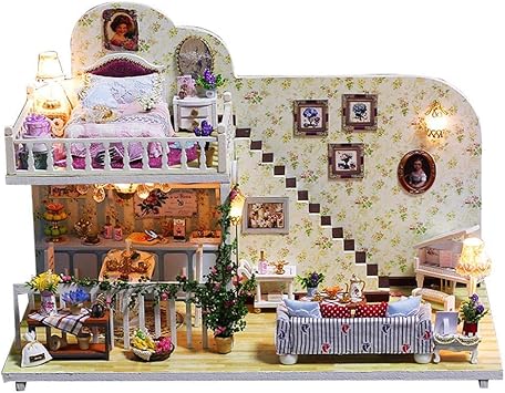 VIPECO Durable Wooden DIY Model Dollhouse Furniture Miniature Doll House Village Life Toys Material: Wood, Metal,Cloth, Paper