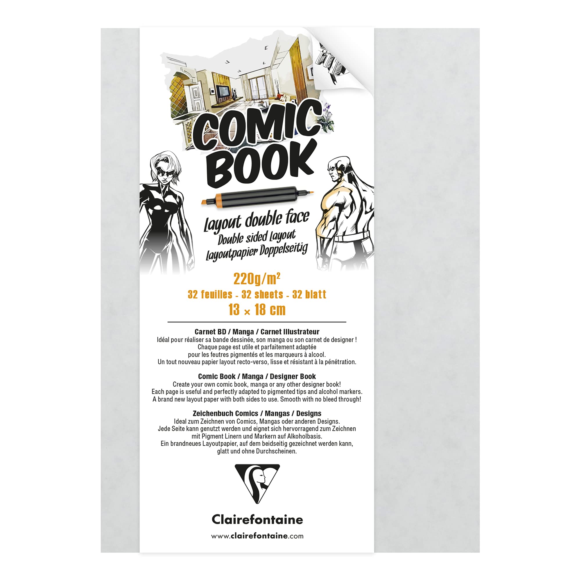 Clairefontaine - Ref 975196C - Double Sided Manga & Cartoon Layout Paper Book (32 Sheets) - 13 x 18cm in Size, 220gsm Heavyweight Smooth Paper - Suitable for Use with Alcohol Markers