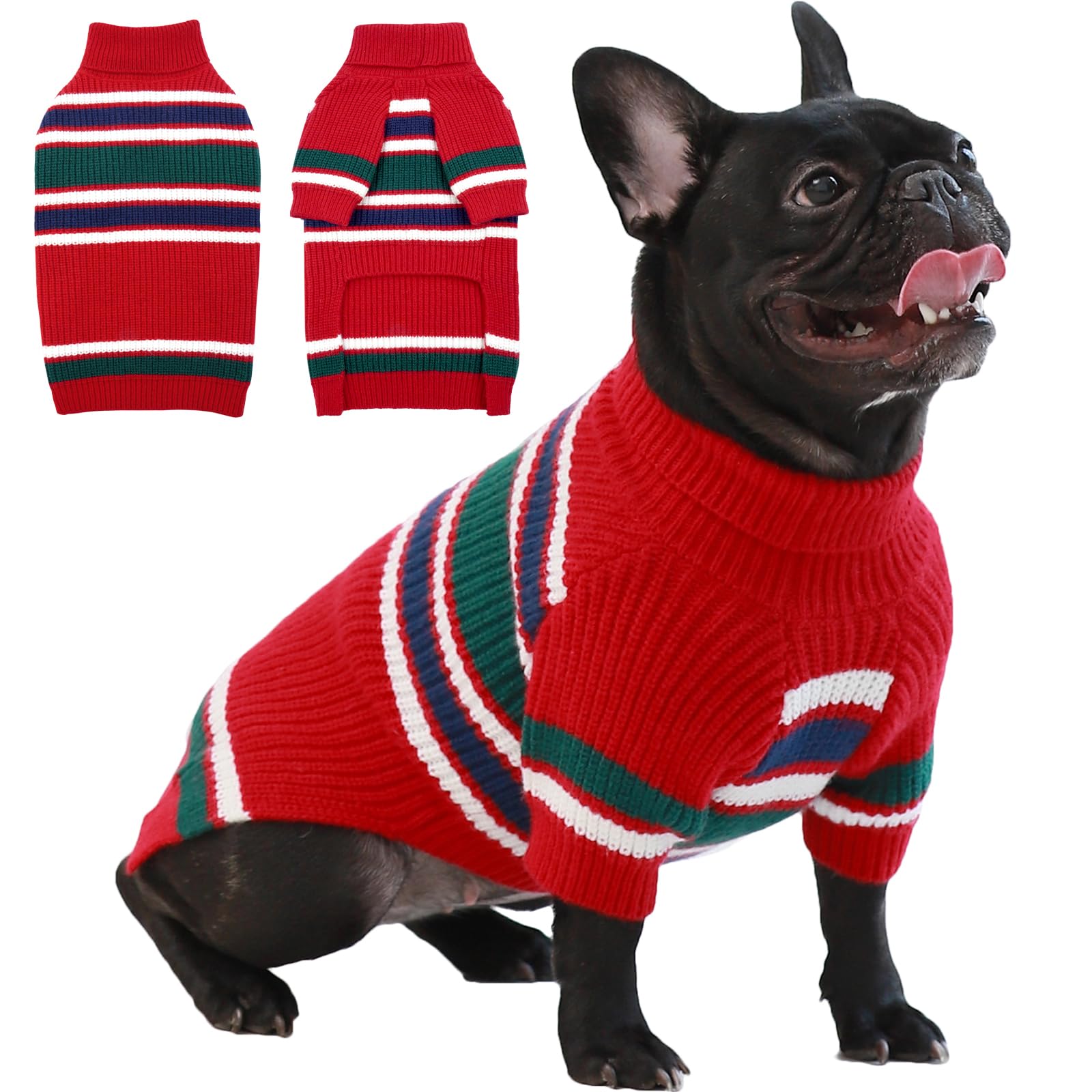 IECOii Large Dog Jumper,Striped Dog Sweaters For Warm Christmas, Knitted Holiday Jumper For French Bulldog,Boston Terrier Boy & Girl - Red