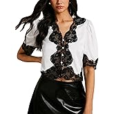 SOLY HUX Women's Lace Crop Blouse Short Sleeve V Neck Button Down Shirts Elegant Tops