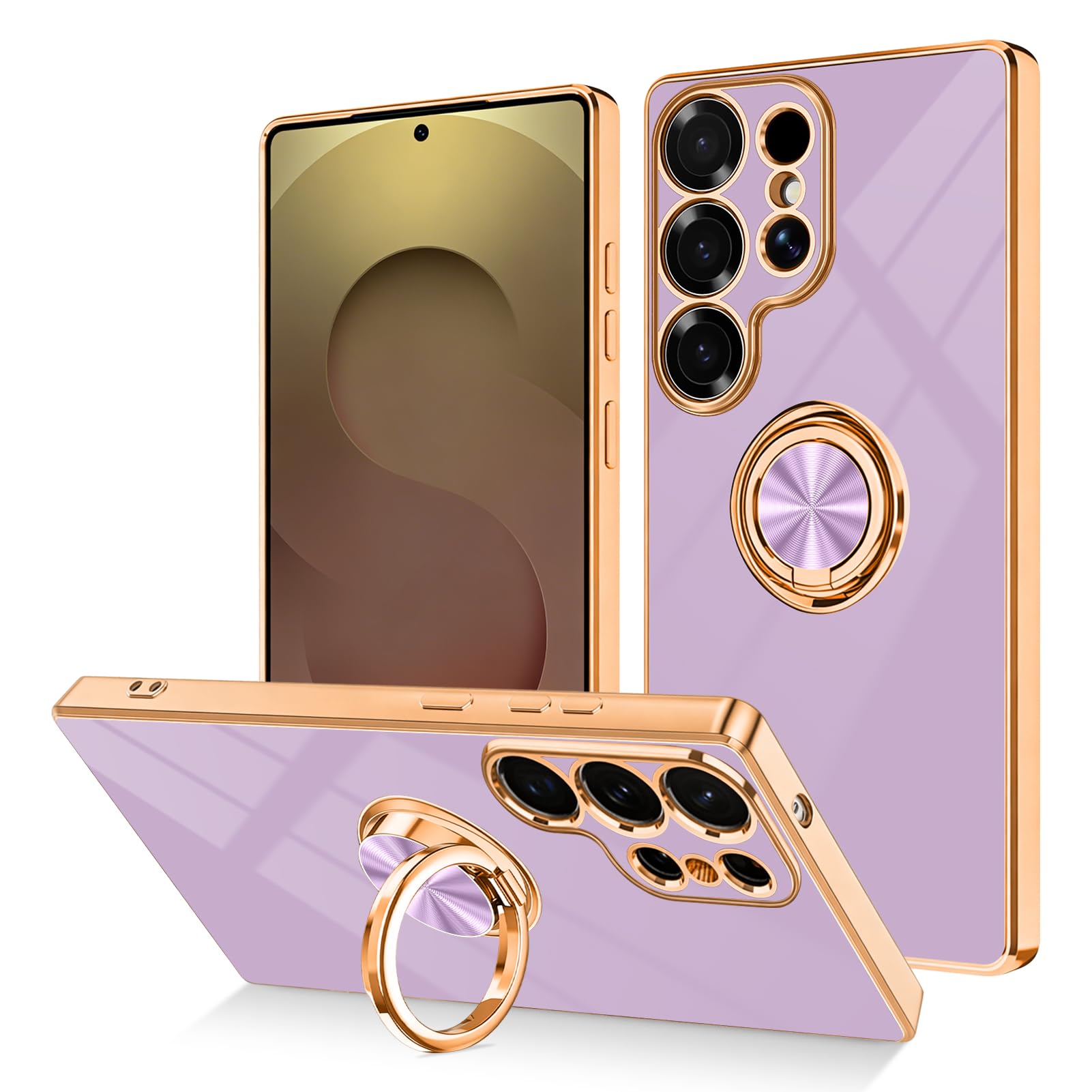 Dinick Designed for Samsung Galaxy S26 Ultra Case with Ring Holder Soft TPU Bumper Glitter Plated Slim Cover for Women Men Finger Stand for Samsung Galaxy S26 Ultra Case Purple and Gold