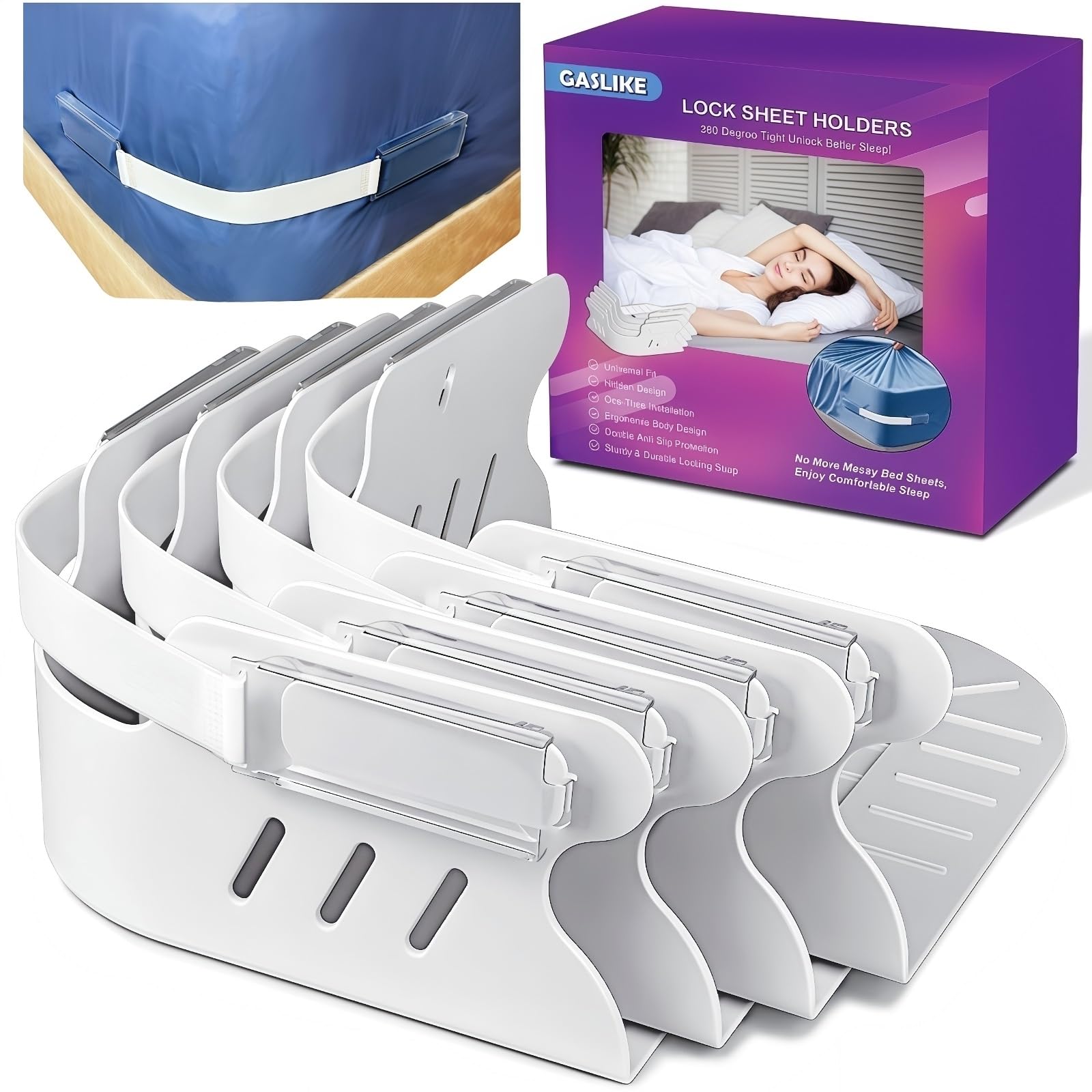 Photo 1 of Lock Bed Sheet Holders for Corners - New Upgrade 4Pcs Heavy Duty Bed Sheet Straps with Anti-Slip Pads Keep Sheets Firm & Tight, No More Loose Sheets, Easy One-Time Installation for Any Mattress Sizes