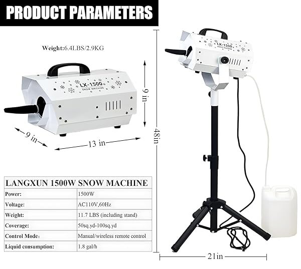 LANGXUN 1500W SNOW MACHINE WITH MANUAL & WIRELESS REMOTE CONTROL | LARGE OUTPUT SNOWMAKING MACHINE FOR INDOOR & OUTDOORS | ADJUSTABLE SNOWFLAKE SIZE | PERFECT FOR CHRISTMAS, WEDDINGS, AND PARTIES