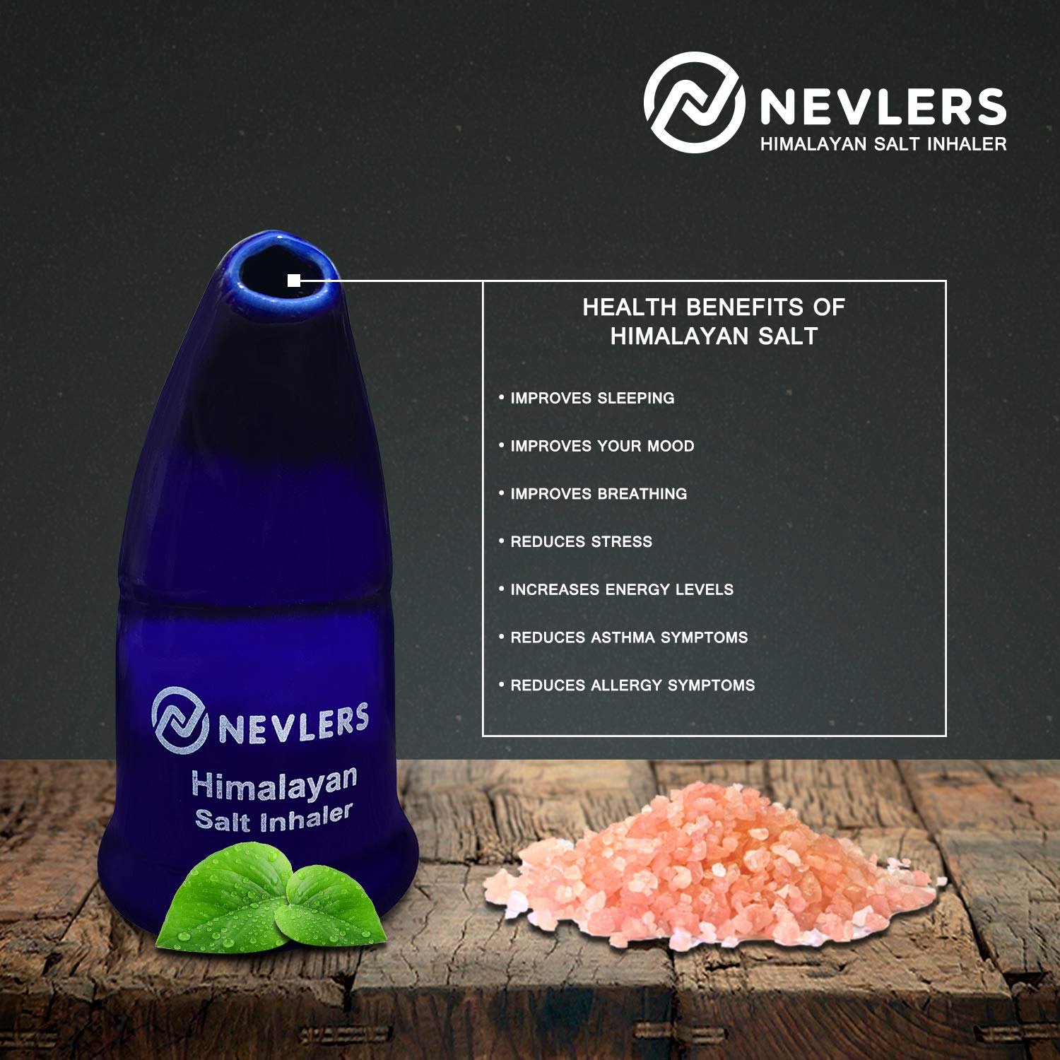 Nevlers Navy Blue Himalayan Salt Inhaler w/ 6 Oz Coarse Pink Himalayan Sea Salt | Ceramic Portable Himalayan Pink Salt Inhaler for Lungs & Nose | Homeopathic Natural Asthma Relief Smelling Salts