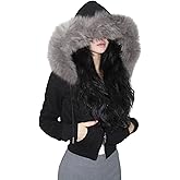 KMBANGI Women Fur Trim Crop Hoodies Zip Up Y2k Long Sleeve Cropped Sweatshirt Zipper Furry Hooded Jacket with Pockets